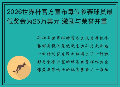2026世界杯官方宣布每位参赛球员最低奖金为25万美元 激励与荣誉并重