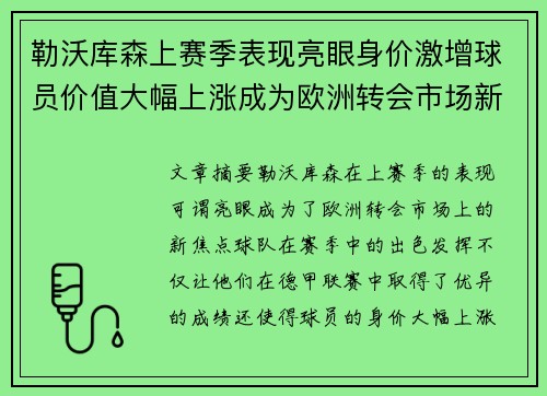 勒沃库森上赛季表现亮眼身价激增球员价值大幅上涨成为欧洲转会市场新焦点